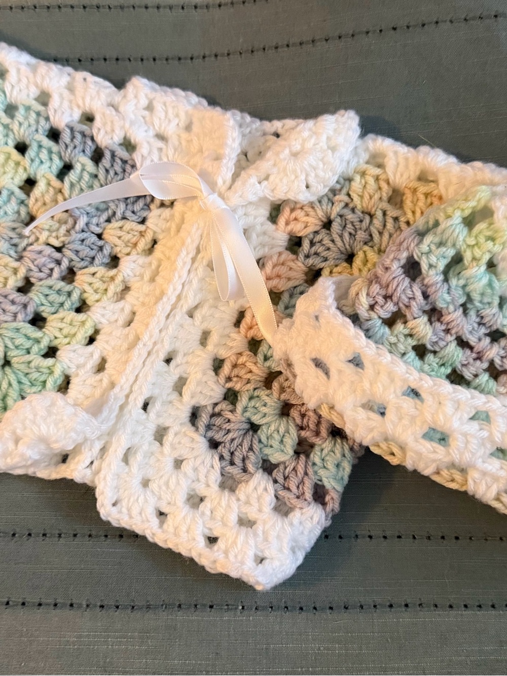 Handmade White Crochet Baby Sweater and Hat Set - Pastel Multicolor Accents